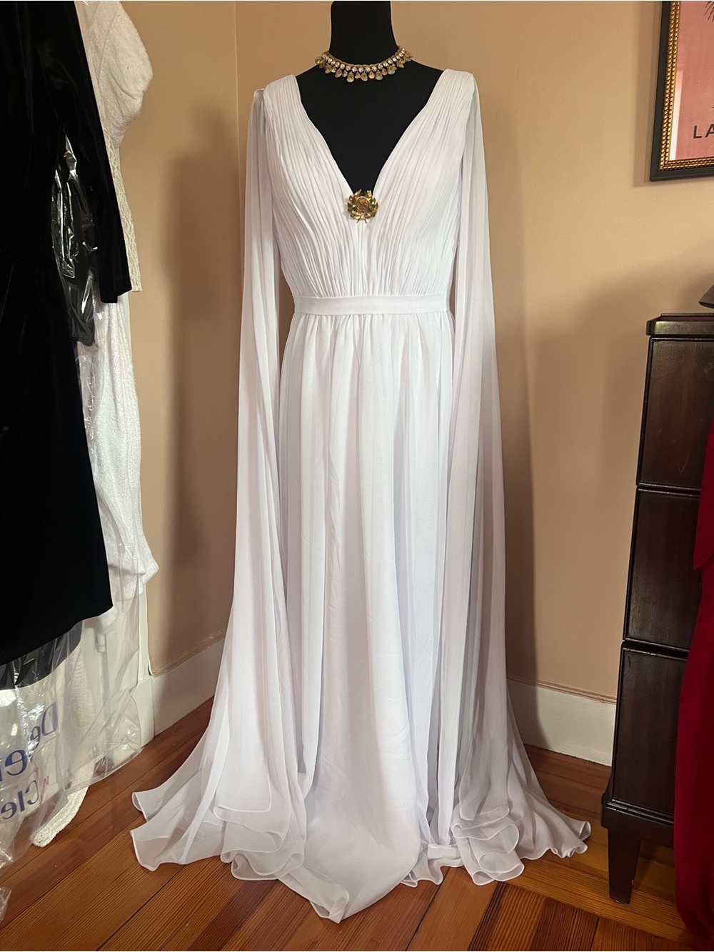 JJs House White Chiffon V-Neck Maxi Gown with Draped Cape Sleeves - Picture 3 of 7